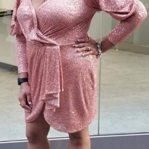 Arielle Faux Wrap Sequin Dress In Pink - Picture 2 of 3